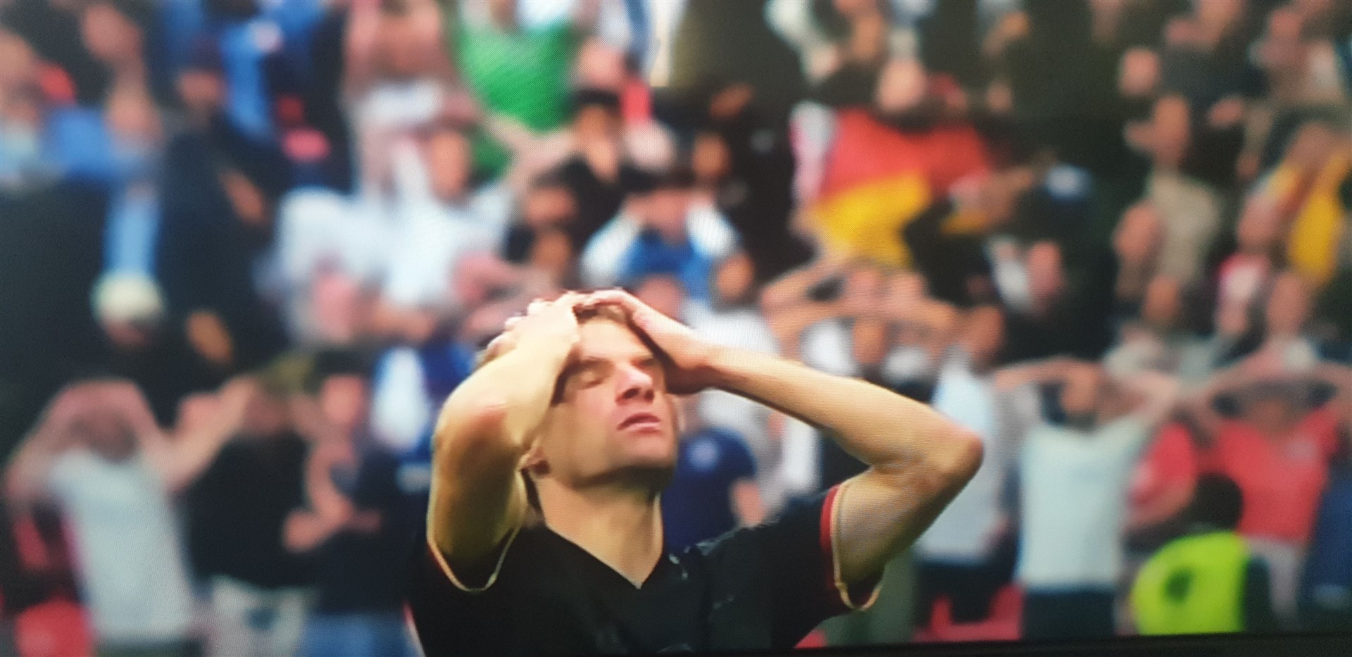 Oh what have I done! Tomas Müller can't believe he missed that chance.