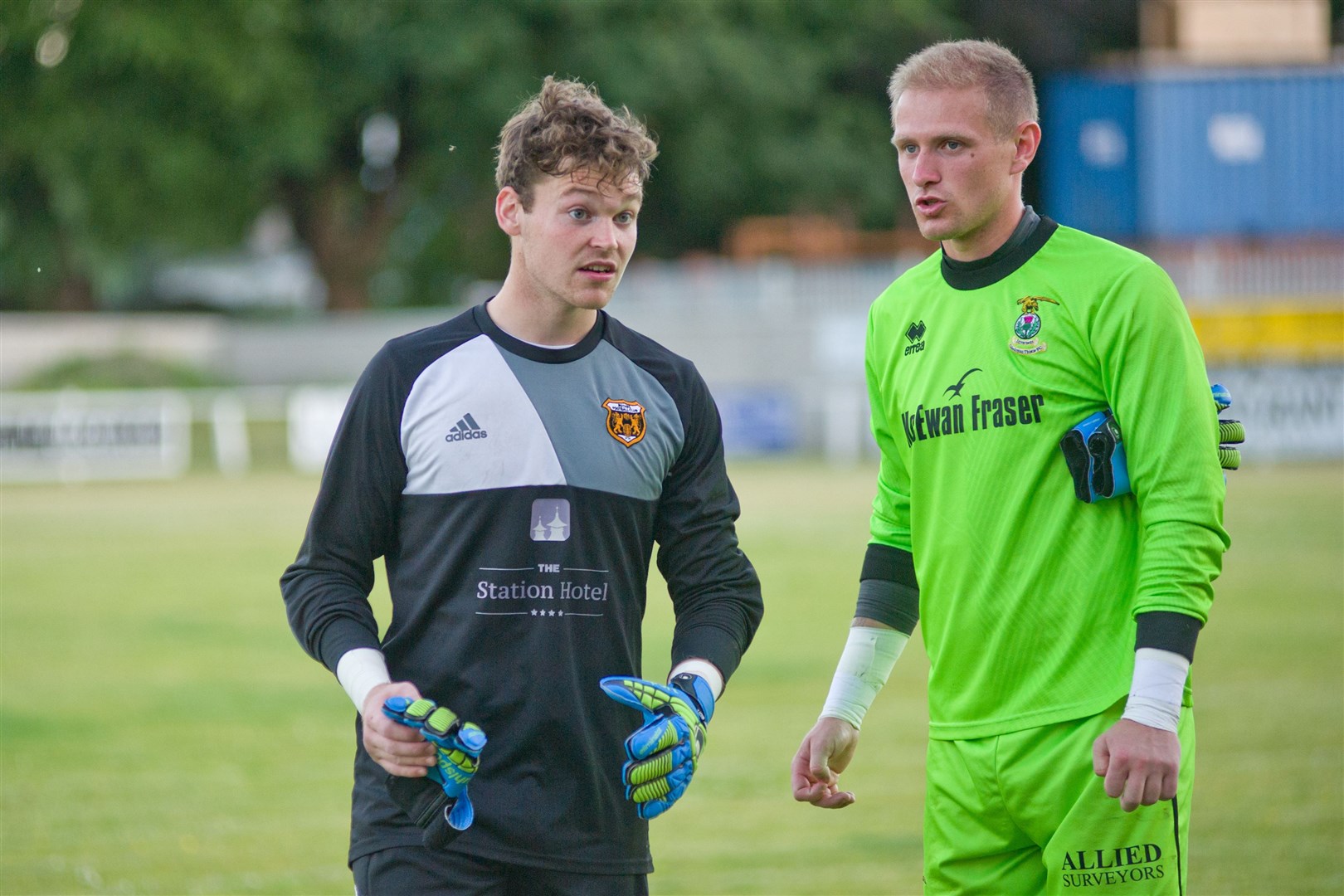 Daniel Hoban (left) pictured during his loan spell at Rothes with Caley Thistle keeper Cammy Mackay. Picture: Daniel Forsyth.