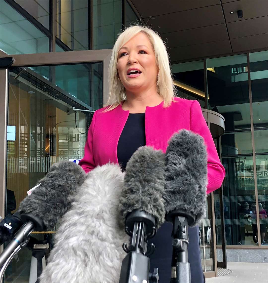 Sinn Fein Vice President Michelle O’Neill talking to the media outside the Grand Central Hotel in Belfast, ahead of a meeting with Taoiseach Micheal Martin (David Young/PA)