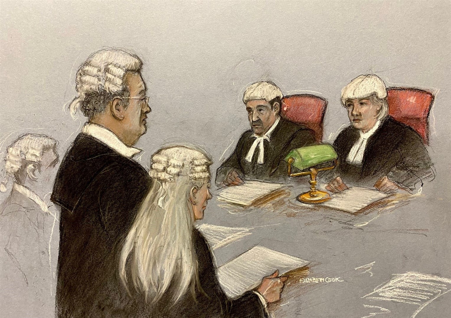 Court artist sketch of Julian Assange’s barrister Edward Fitzgerald KC, on his feet in front of judges (Elizabeth Cook/PA)
