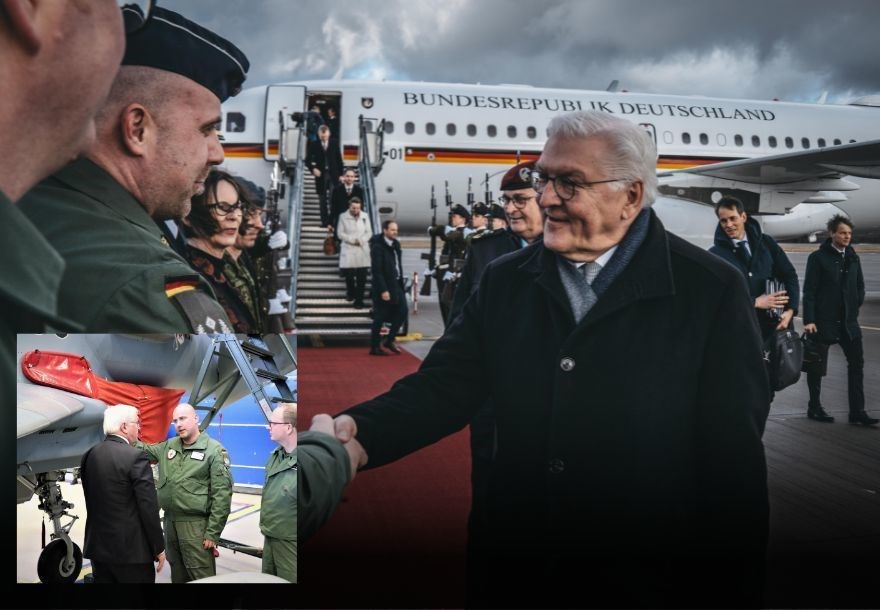 The German President arrives in Estonia. Pictures: Bundeswehr. Inset: He meets personnel on the NATO joint mission.