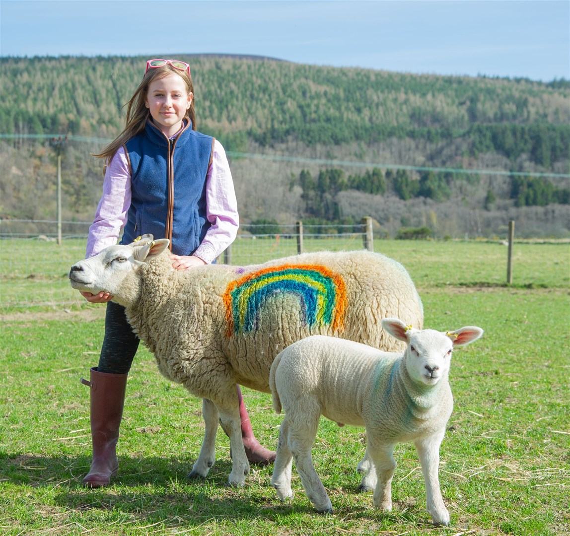 Skye Meldrum with her rainbow sheep April and her lamb Duncan at Greenfield Farm, Rothes...Picture: Daniel Forsyth