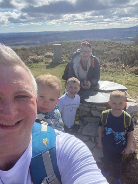 Thorfinn Wade with father Paul, mother Nikki and siblings Lachlan and Eilish at the top of the Bin of Cullen.
