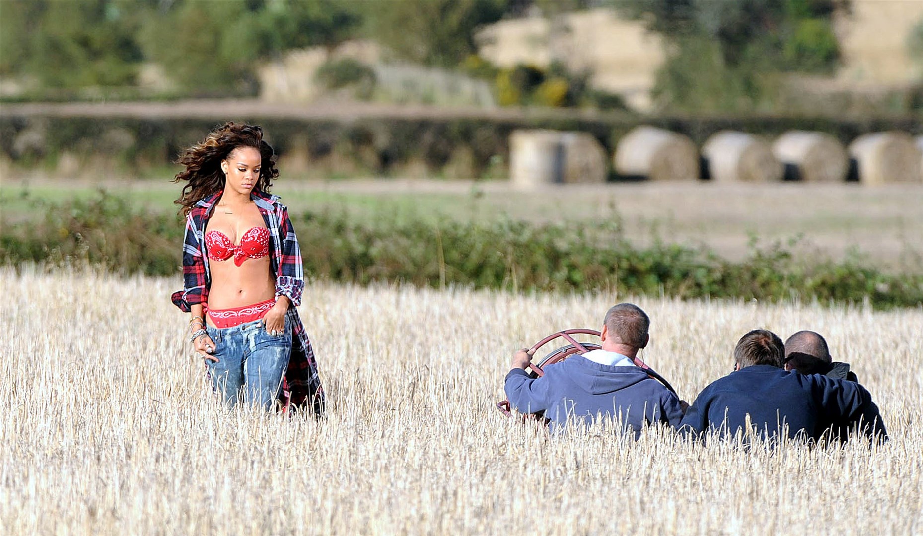 Rihanna during the first day of filming her new pop video in a field in County Down. (PA)