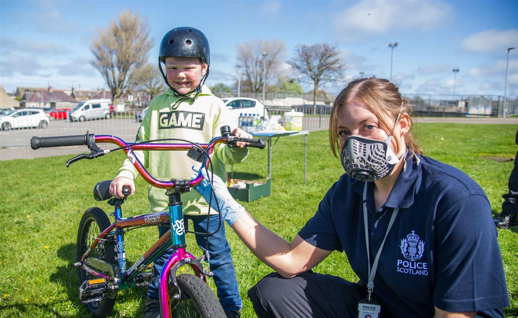 PC Rachel Barclay registers Marley Whittle's bike during the event outside Buckie Leisure Centre. Picture: Becky Saunderson