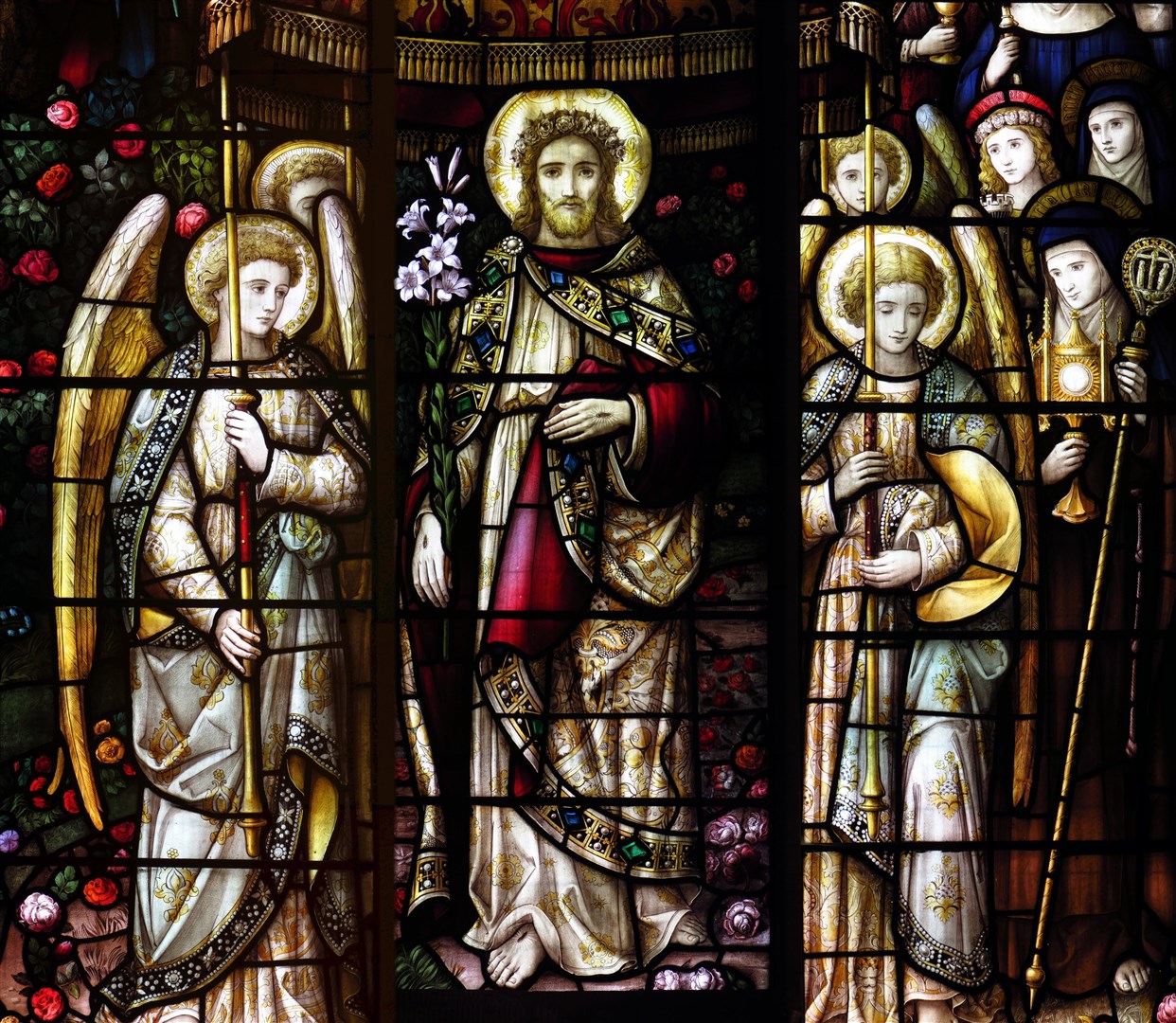 The stained glass was designed especially for the Sisters of Mercy because it only containsfemale saints. Though the Sisters of Mercy have gone, the Dominican Sisters also enjoy contemplating it.
