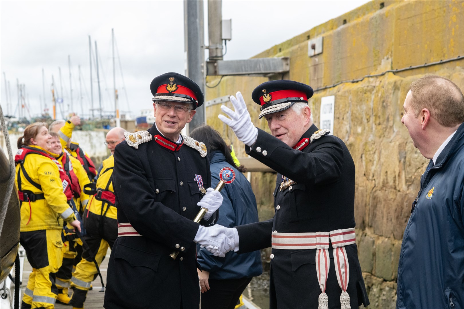 Lord-Lieutenant of Moray Seymour Monro greets the Lord-Lieutenant of Banffshire Andrew Simpson to Lossiemouth with the Kings Baton. ..Boys' Brigade 140th anniversary in Lossiemouth...Picture: Beth Taylor.