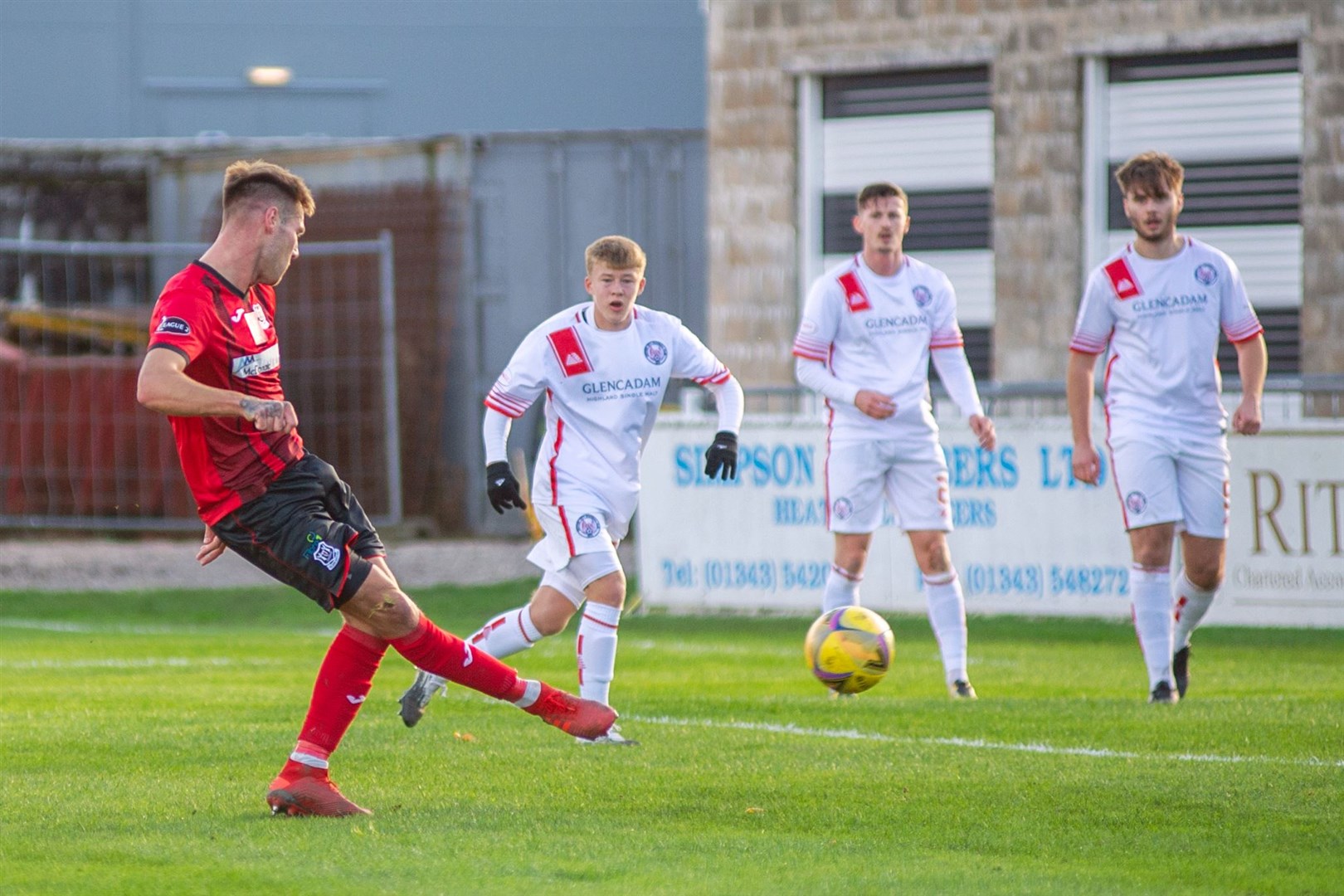 Elgin City's Brian Cameron scores the opening goal for the home side. ..Picture: Daniel Forsyth..