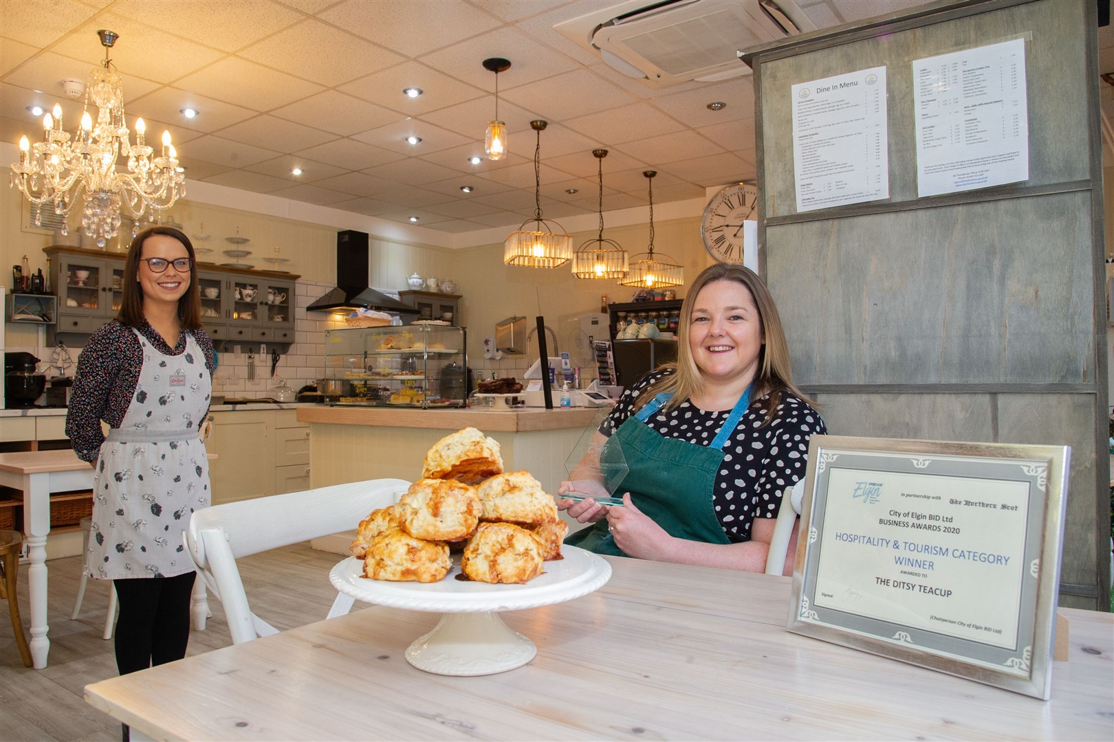 Libby Hay and Laura Scott of the Ditsy Teacup with the Hospitality and Tourism award...Winners of the 2020 Elgin BID Business Awards...Picture: Daniel Forsyth..