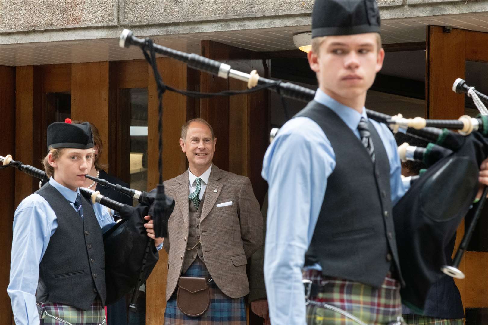Prince Edward watches as the Gordonstoun Pipe Band march off...Prince Edward and Sophie, known as the Earl and Countess of Forfar when visiting Scotland, spend time at Gordonstoun School during their visit to Moray...Picture: Daniel Forsyth..