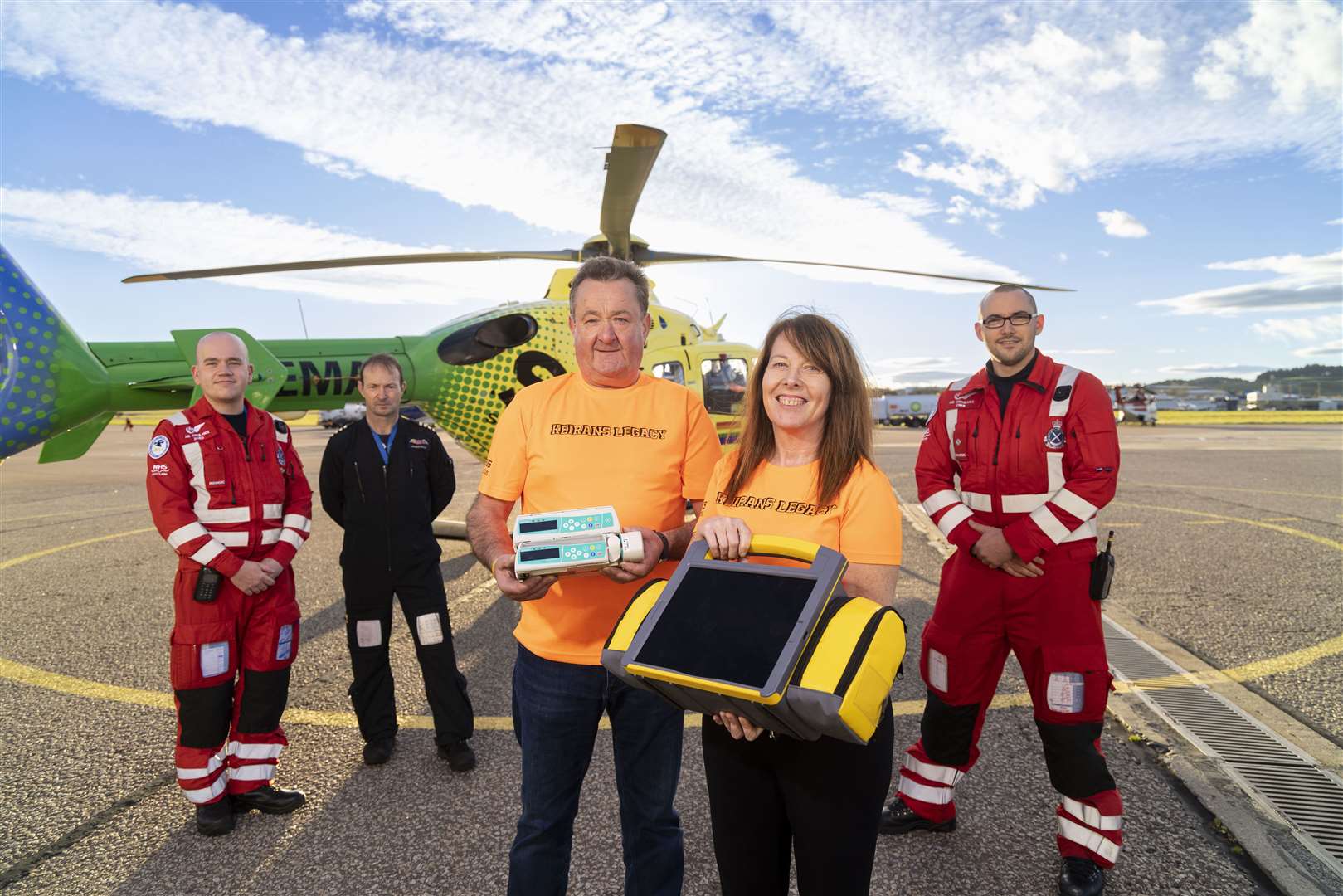 Sandra and Gordon McKandie of Keirans Legacy with SCAA's Aberdeen-based Helimed 79 crew (from left) Paramedic James Cursiter, Pilot Captain John Stupart and Paramedic Team Leader Ewan Littlejohn.