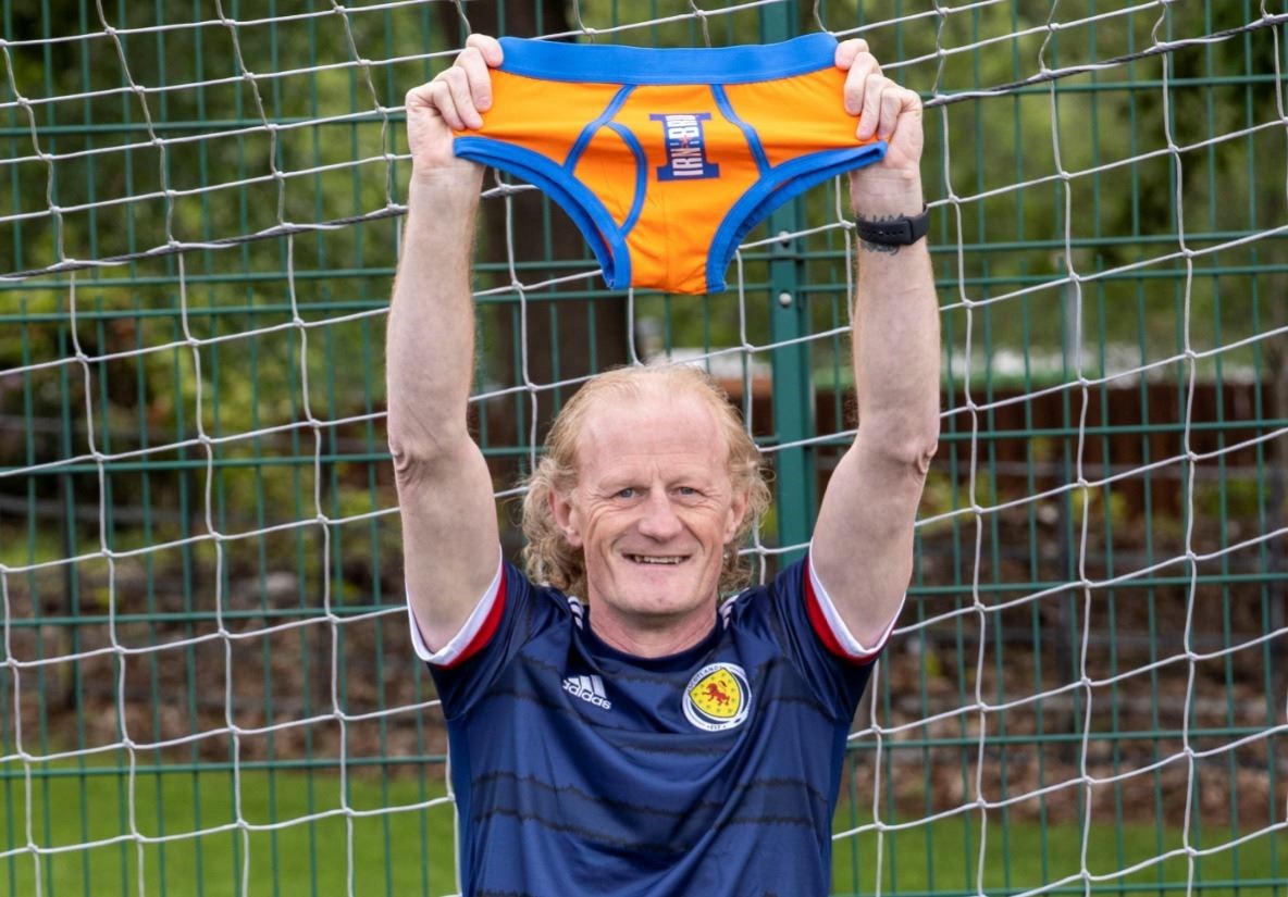 Colin Hendry with a pair of pants which he 'blessed' earlier. Wear them under your kilt and they'll bring good luck.