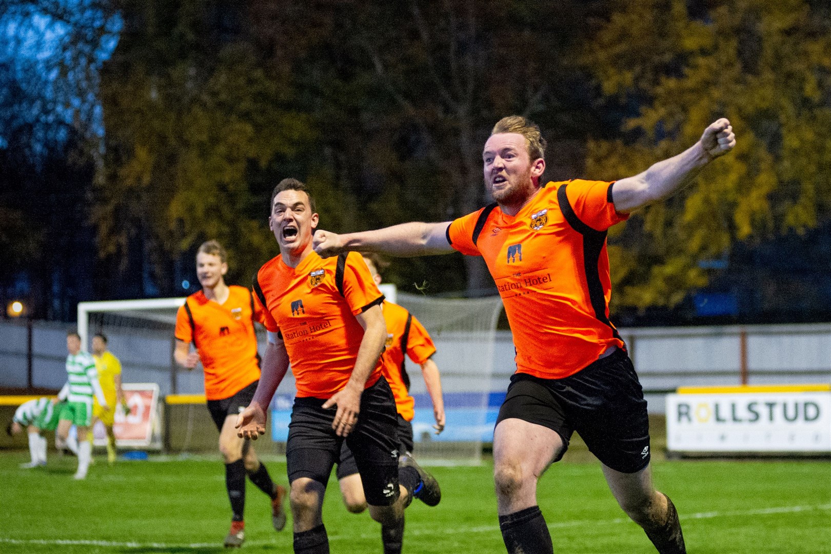 Paul MacLeod (Right) wheels away to celebrate scoring the winner for the Speysiders...Rothes FC (2) vs Buckie Thistle FC (1) - Highland League Cup Final - Christie Park, Huntly 31/10/2020...Picture: Daniel Forsyth..