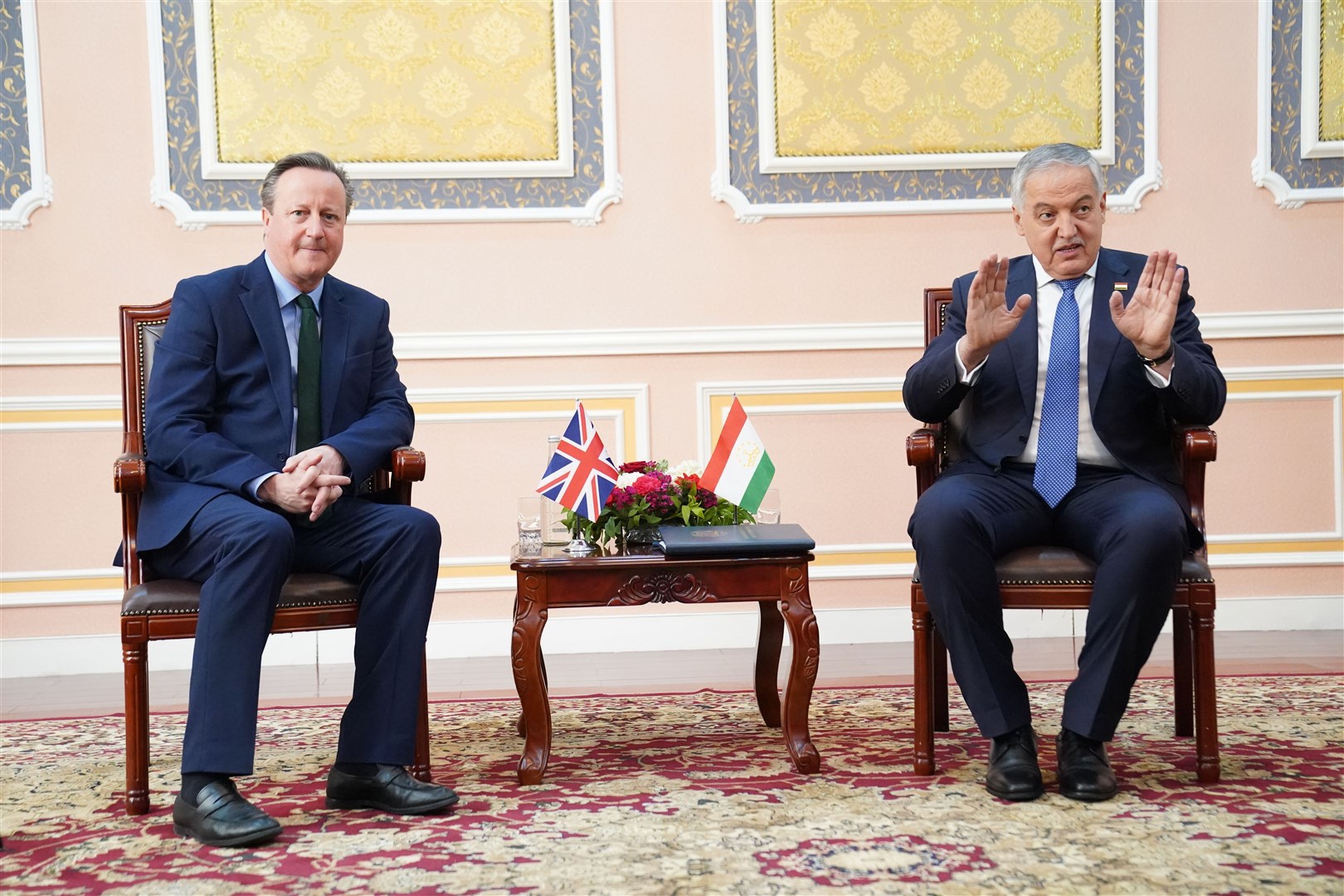 Lord David Cameron meets foreign minister Sirojiddin Muhriddin in Dushanbe, Tajikistan (Stefan Rousseau/PA)