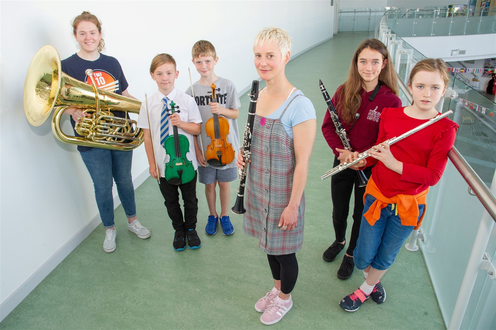 Taking part in the masterclass are (from left) Sophie Smart, Finlay Stuart, Ethan Lambourne, Joanna Nicholson (BBC Scottish Symphony Orchestra), Keira Smith and Florence Spilbury-Roberts. Picture: Daniel Forsyth..
