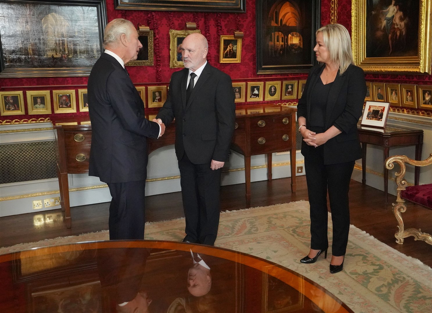 The King meeting Northern Ireland Assembly Speaker Alex Maskey and Sinn Fein Vice President Michelle O’Neill at Hillsborough Castle in September (Niall Carson/PA)