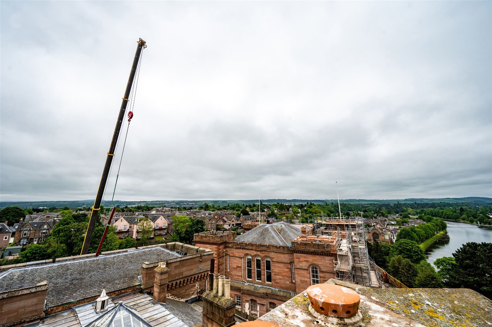 The first deployement of a crane at Inverness Castle as the new visitor experience takes shape.