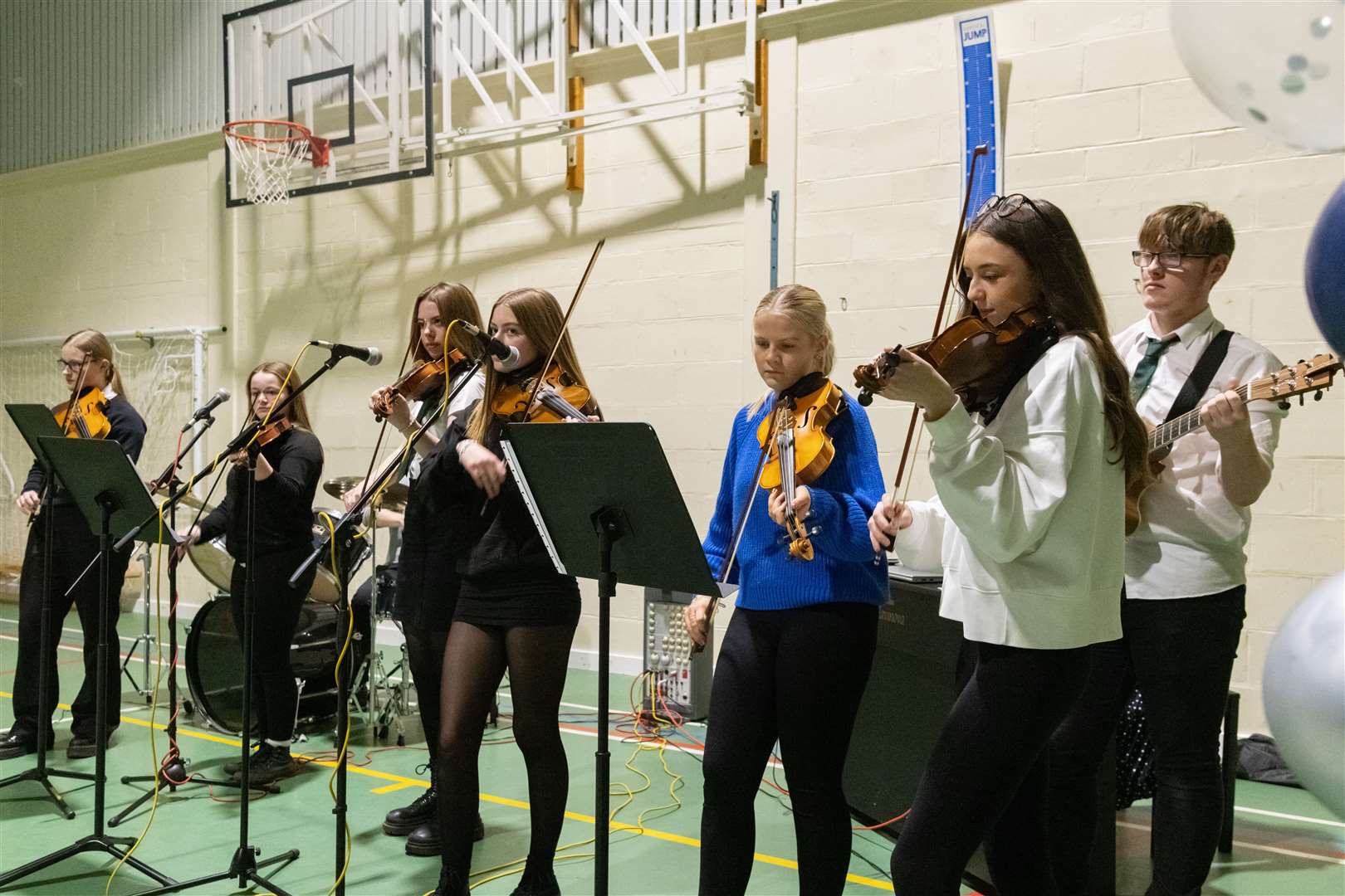 Pupils take part in a ceilidh accompanied by fiddlers from Milne's High School. Picture: Beth Taylor