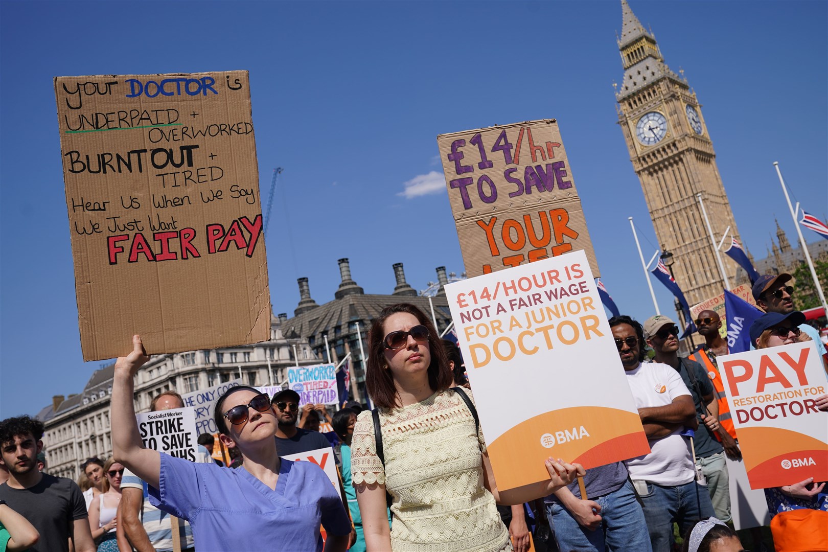 Striking junior doctors gathered in front of Big Ben (Lucy North/PA)