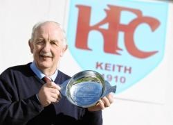 Keith FC chairman Sandy Stables with the inscribed quaich he received from the SFA for 25 years’ service at the top of the national game. NS Image No. 030731