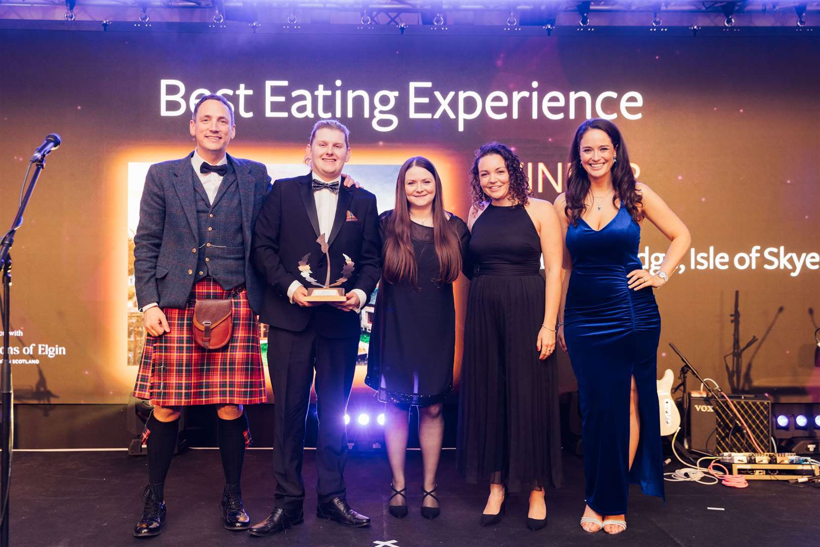 Presenter Gary Innes, Calum and Eilidh Montgomery from Best Eating Experience award winner, Edinbane Lodge, with Shona Marsh, VisitScotland Board Member and presenter Jennifer Reoch. Picture: Connor Mollison