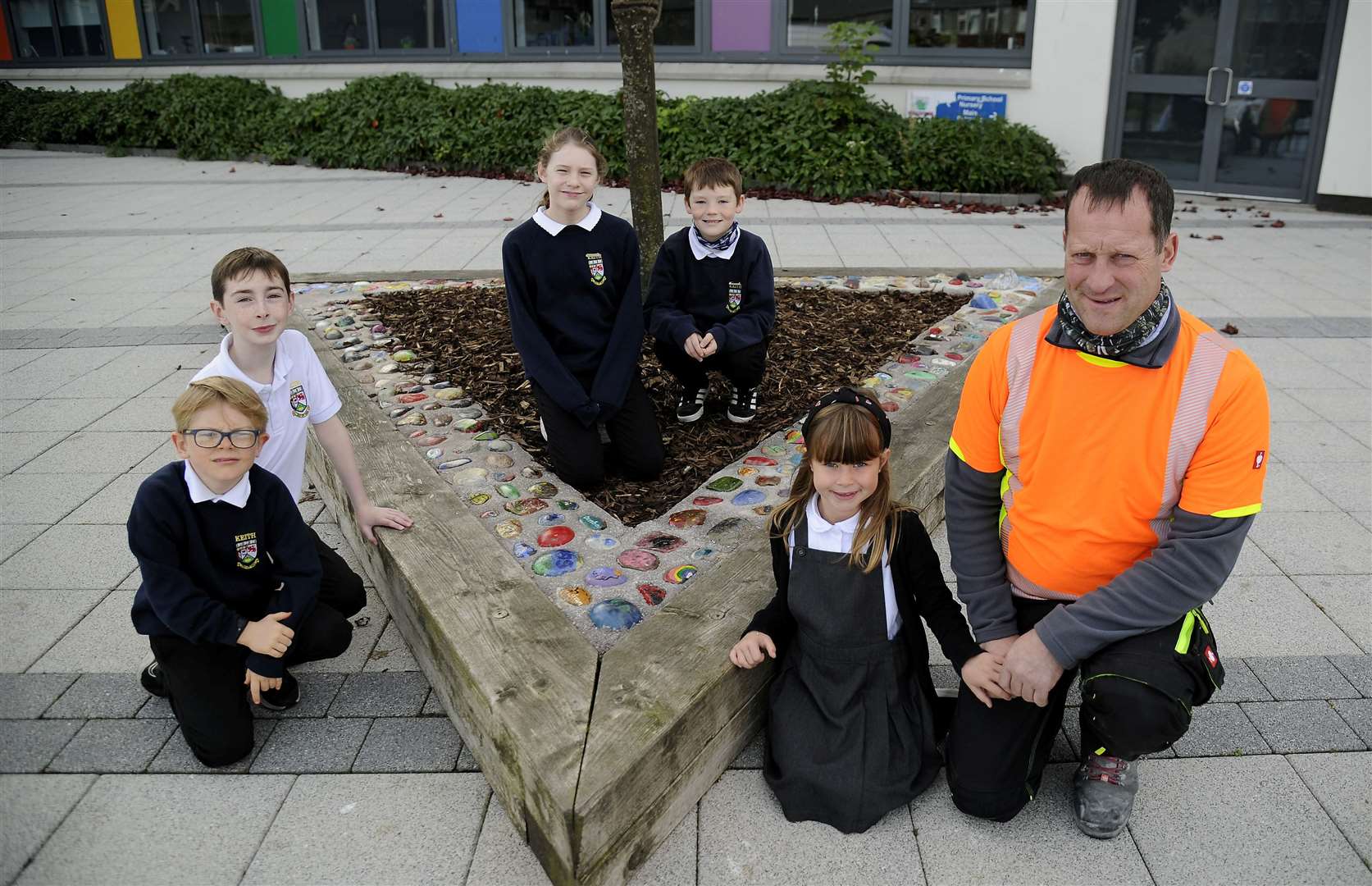 Keith Primary School made a permanent place for their lockdown stones with the help of Michael Craig (MCB Scotland Ltd)...Pupils from left are Alfie Shand, Oliver Merson, Millie Angus, Seth Malcolm and Lucy Craig (Michael's Daughter)...Picture: Becky Saunderson..