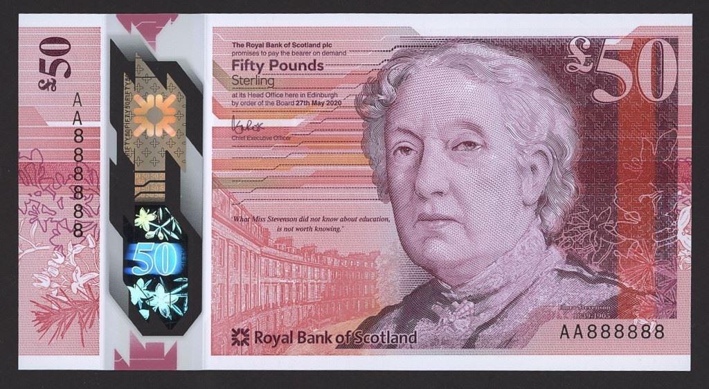 A collectable banknote featuring Flora Stevenson with the serial number AA888888 is among those going under the hammer (NatWest/Spink/PA)