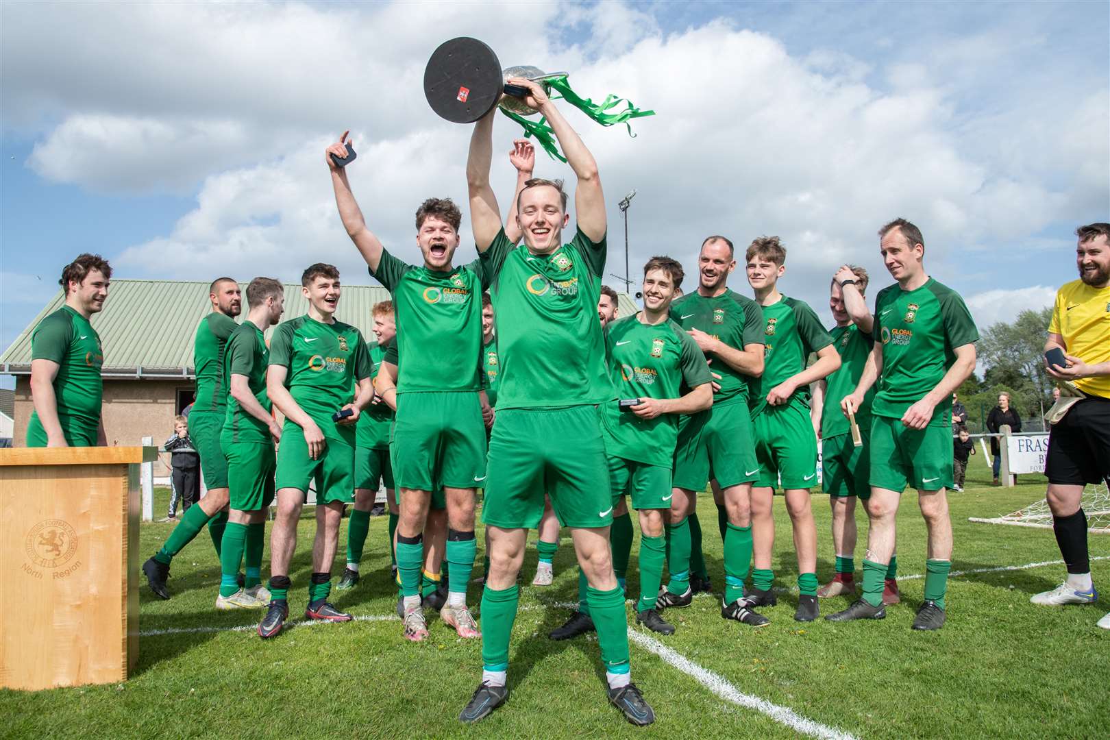 Dufftown celebrate their Elginshire Cup success...Dufftown FC (2) vs Forres Thistle FC (2) - Dufftown FC win 5-3 on penalties - Elginshire Cup Final held at Logie Park, Forres 14/05/2022...Picture: Daniel Forsyth..