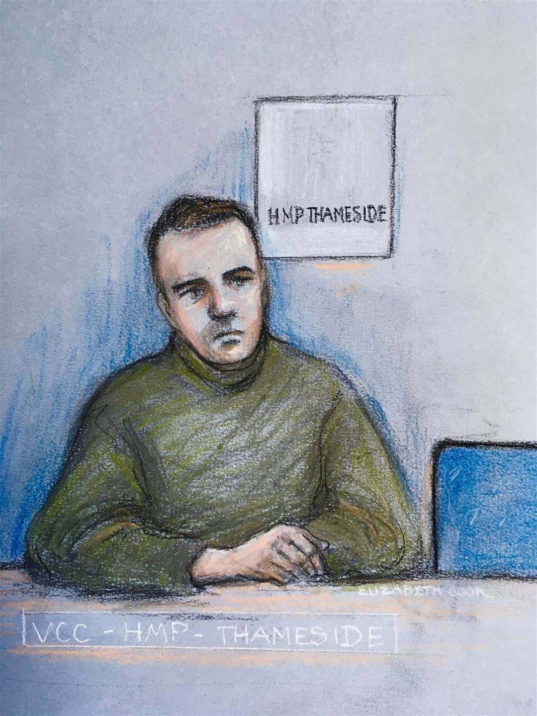 Court artist sketch by Elizabeth Cook of Jordan McSweeney appearing by video link from HMP Thameside during a hearing at the Old Bailey (Elizabeth Cook/PA)
