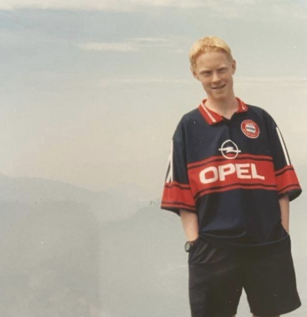 John Blair wearing a classic Bayern Munich kit as a youngster.