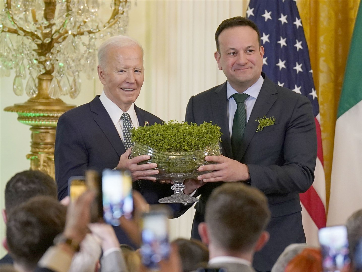 Taoiseach Leo Varadkar and US President Joe Biden during the St Patrick’s Day Reception and Shamrock Ceremony in the East Room of the White House, Washington DC, during his visit to the US for St Patrick’s Day (Niall Carson/PA)