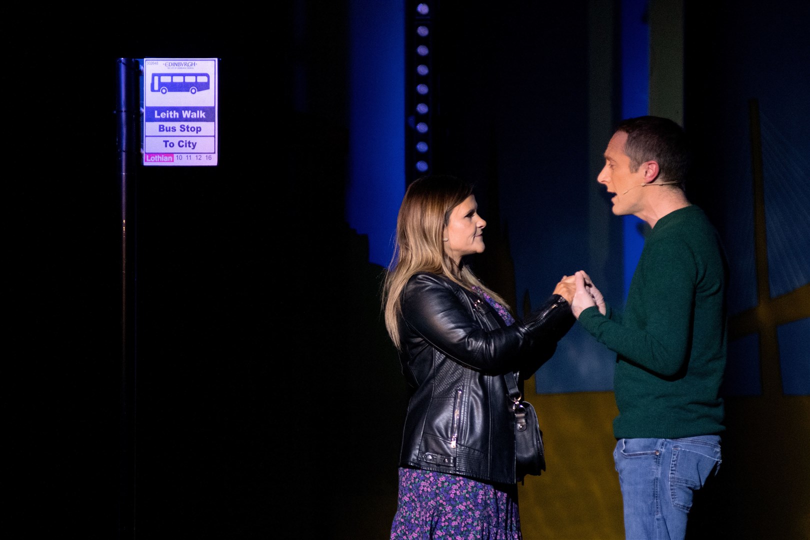 Liz (Natalie Munro) and Ally (Garry Collins) embrace at a bus stop. Picture: Daniel Forsyth