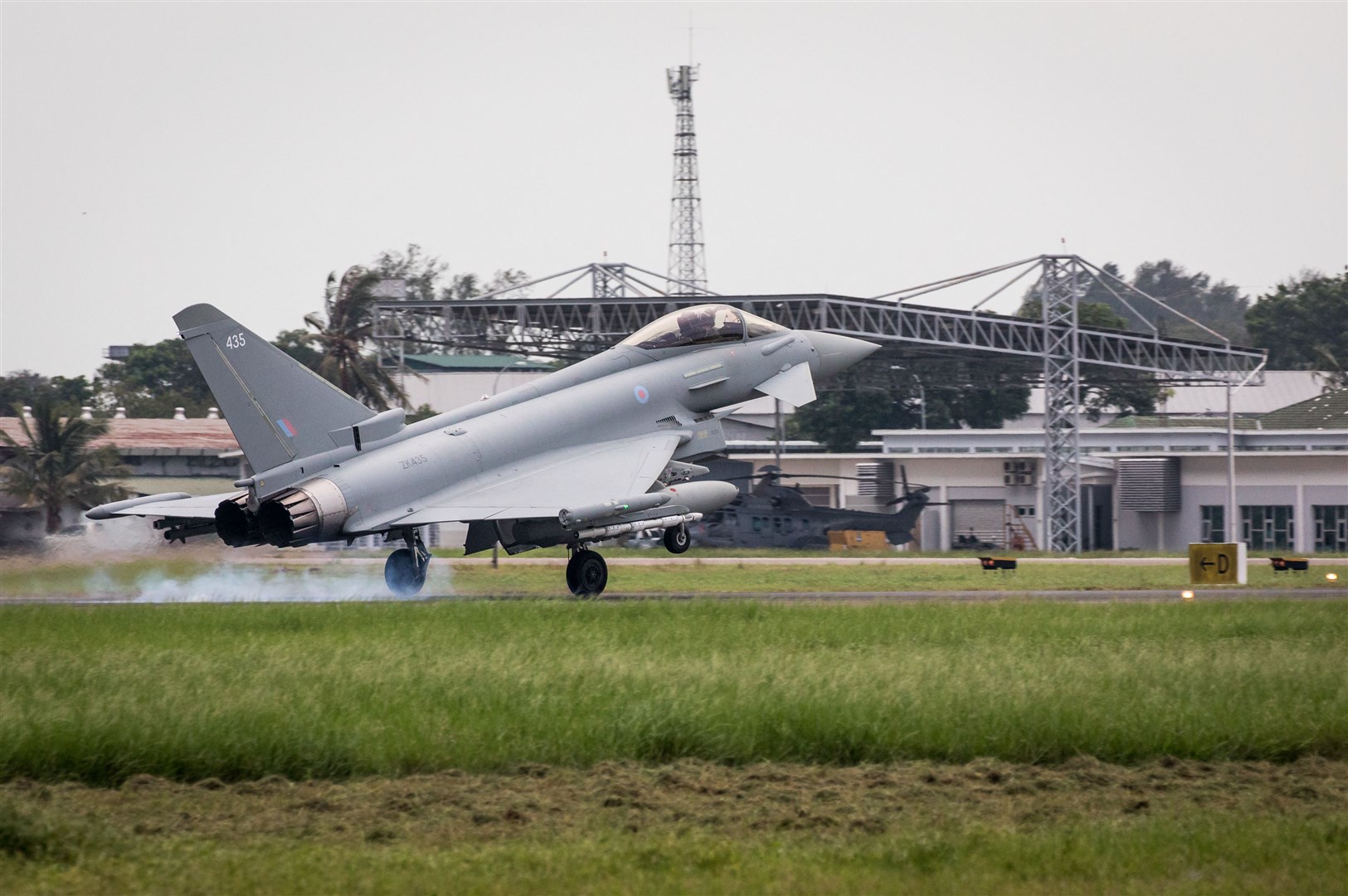A Royal Air Force Typhoon lands at RMAF Butterworth, Malaysia, in order to participate in Exercise Bersama Lima 19.