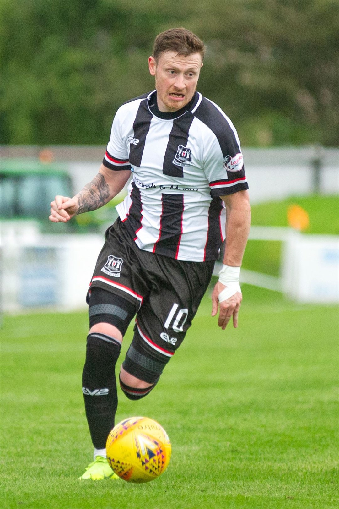Breaking forward for Elgin City this season, Shane Sutherland is on the brink of a century of goals for the club. Photo: Daniel Forsyth
