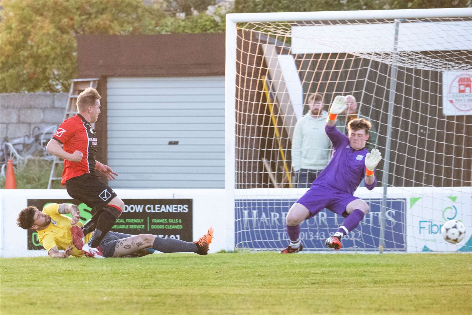 Fochabers forward Warren Orford opens the scoring. ..Fochabers FC (7) vs Hopeman FC (2) - Mike Simpson Cup Final 2023 - Grant Park, Lossiemouth...Picture: Daniel Forsyth..