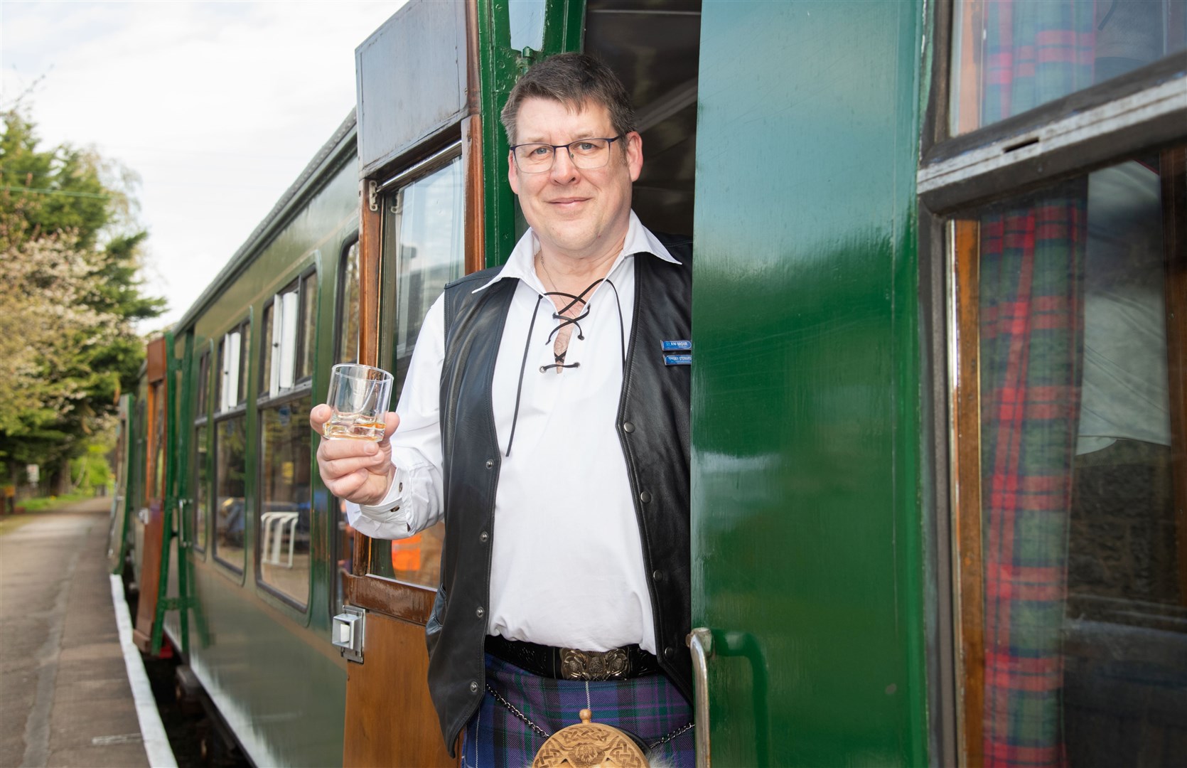 Alan Moir on the Dufftown to Keith Dram Train. Spirit of Speyside Whisky Festival Dram Tram from Dufftown to Keith.Picture: Daniel Forsyth.