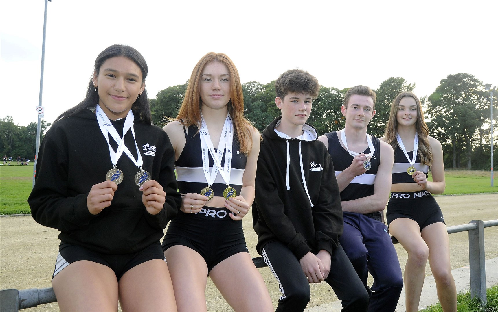 Elgin AAC's Scottish championship medallists, from left: Tasmin Fowlie, Holly Whittaker, Tom Palmer, Kyle Wilkinson and Lexi Grant. Picture: Becky Saunderson..