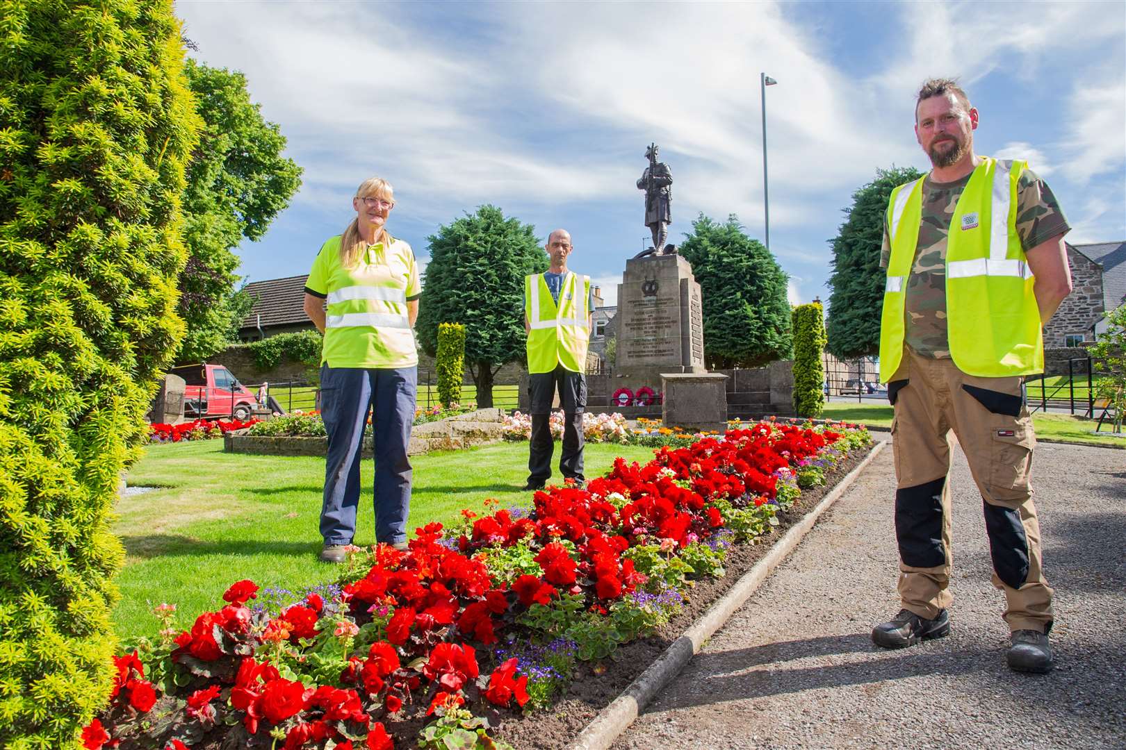(From left) Cherry Donoghue, John Cameron and Steven Taylor, of Moray Council (east) lands and parks, who have been involved in redesigning the planting at Keith War Memorial. Picture: Daniel Forsyth.