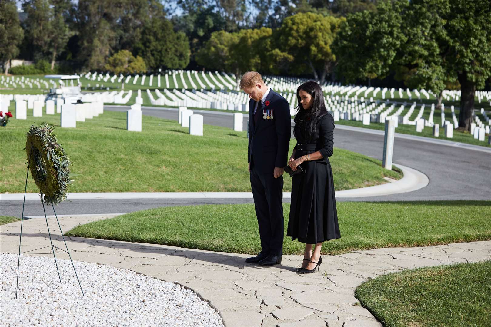 The Duke and Duchess of Sussex on a visit to the Los Angeles National Cemetery on Remembrance Sunday (Lee Morgan/PA)