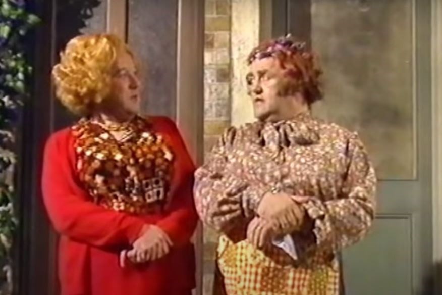 Cissie and Ada (comedians Roy Barraclough and Les Dawson) talking on the doorstep.