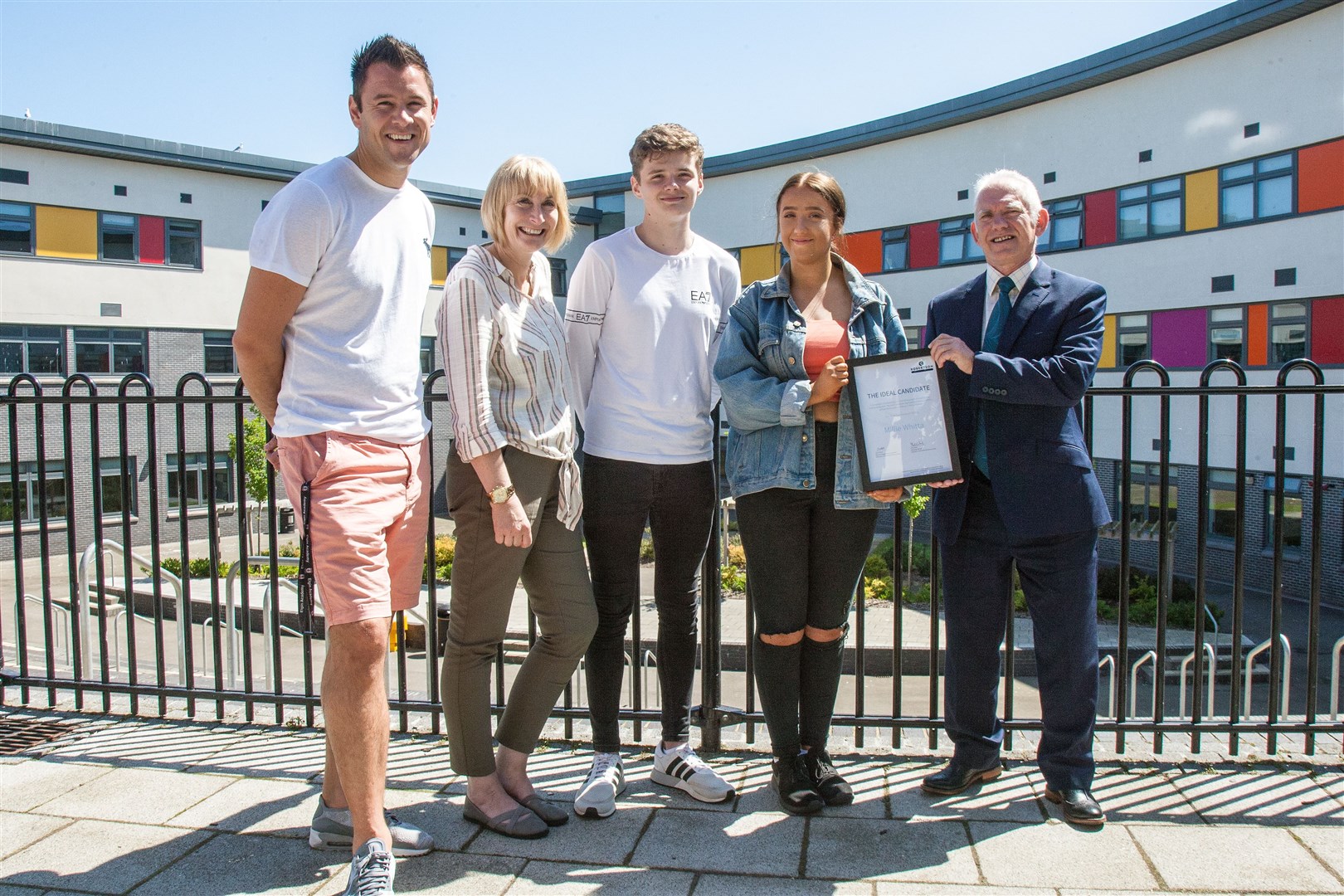 Celebrating the Ideal Candidate scheme are (from left) Elgin Academy's head teacher Kyle Scott, Developing the Young Workforce Lead of the school Lynne Bowley, winners Logan Glynn and Millie Whitta and Robertson Northern managing director Frank Reid.