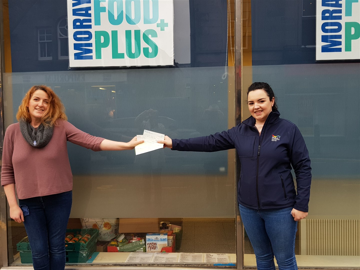 Vanessa Epstein, (right), from Elgin's Dulux Decorator Centre, with Gillian Pirie, volunteer development officer at Moray Food Plus.