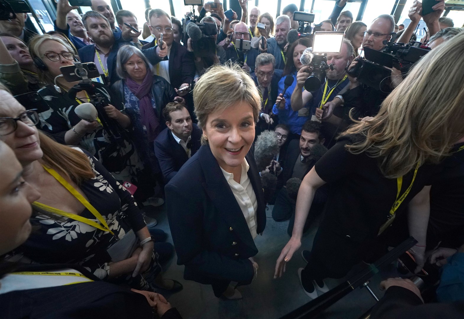 Former leader Nicola Sturgeon speaks to the media at the SNP annual conference in Aberdeen (Andrew Milligan/PA)
