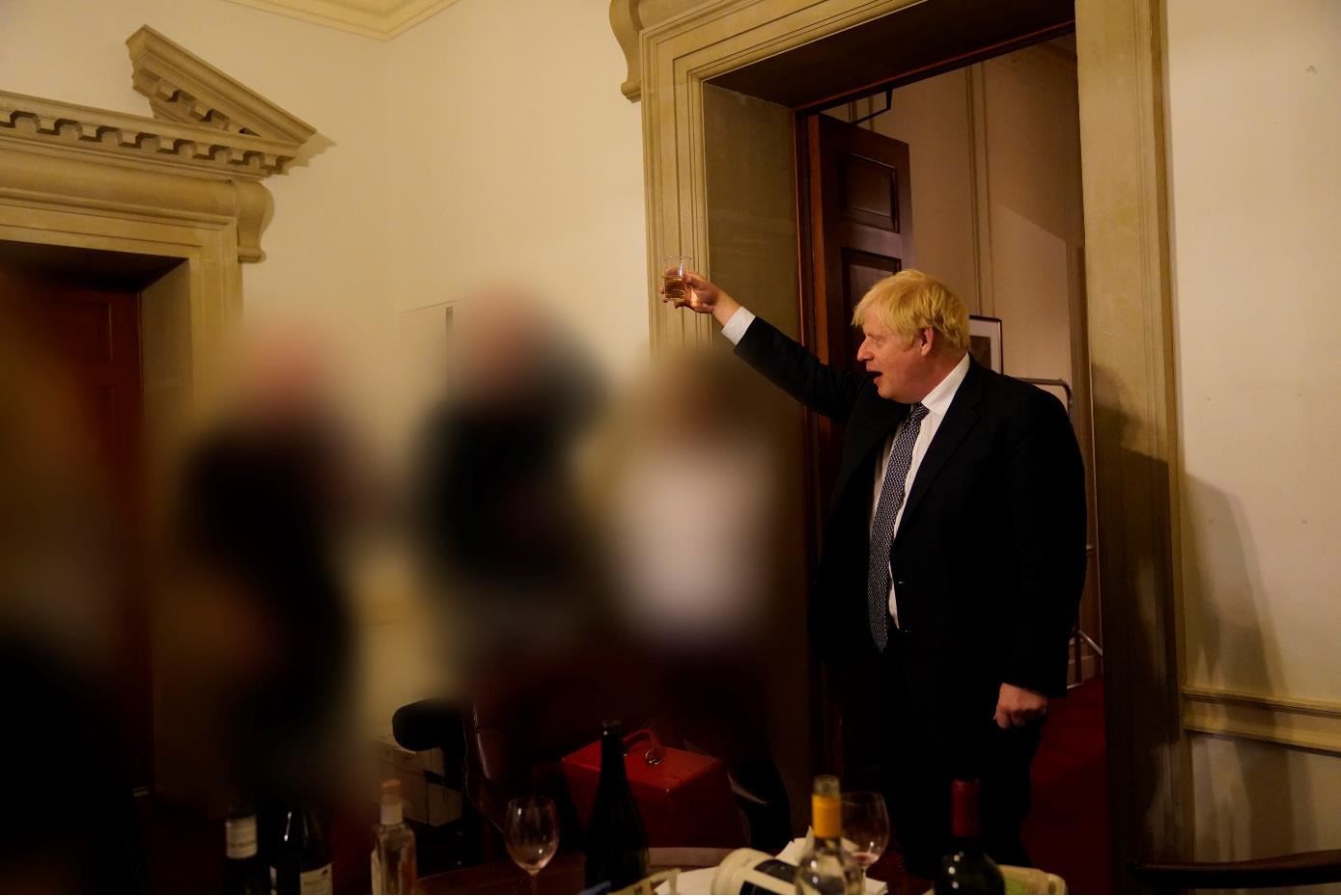Prime Minister Boris Johnson at a gathering in 10 Downing Street for the departure of a special adviser, released with the publication of Sue’s Gray report into Downing Street parties in Whitehall during the coronavirus lockdown