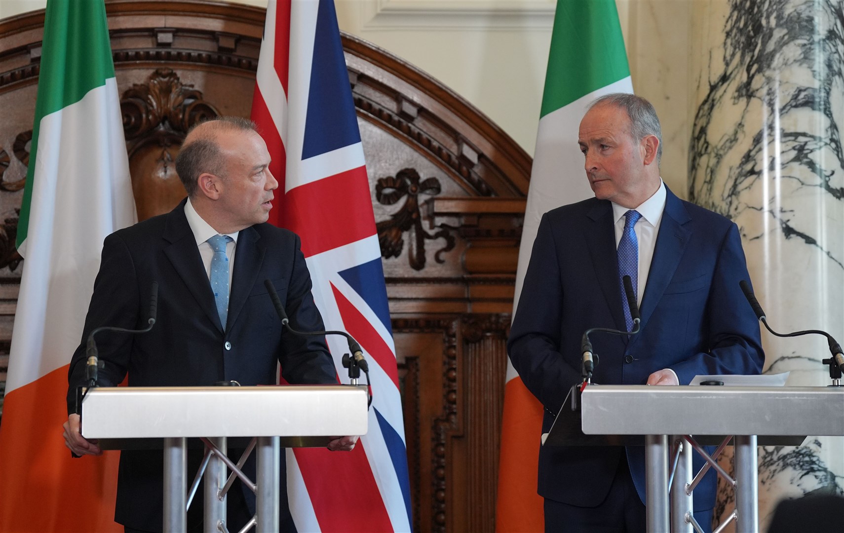 Northern Ireland Secretary Chris Heaton-Harris and Tanaiste Micheal Martin during the British-Irish Intergovernmental Conference press conference (Yui Mok/PA)