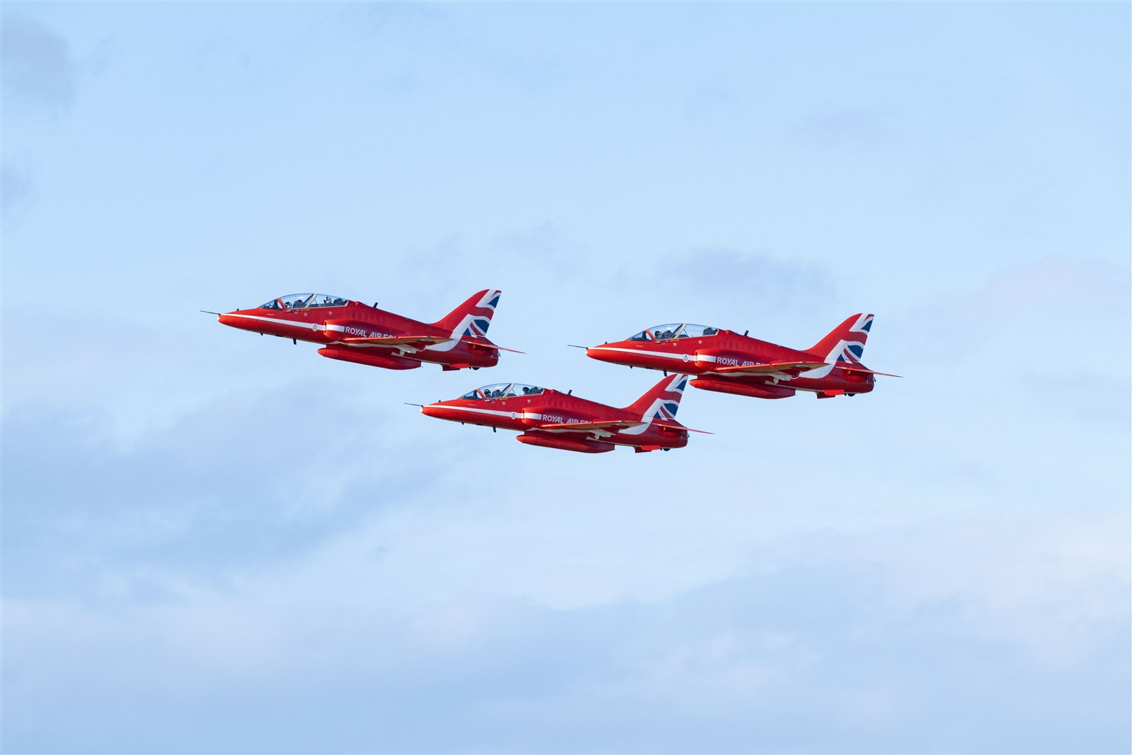 The Red Arrows set off from RAF Lossiemouth towards Tain for a practice session. ..Picture: Beth Taylor.