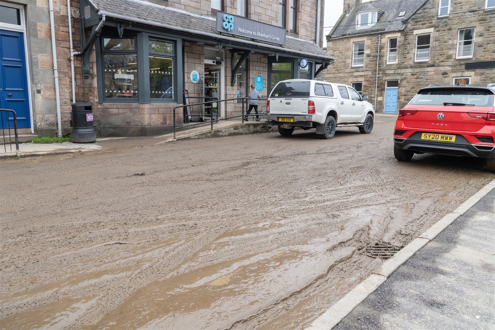 Co-op car park covered in mud caused by the floods in Aberlour...Picture: Beth Taylor.