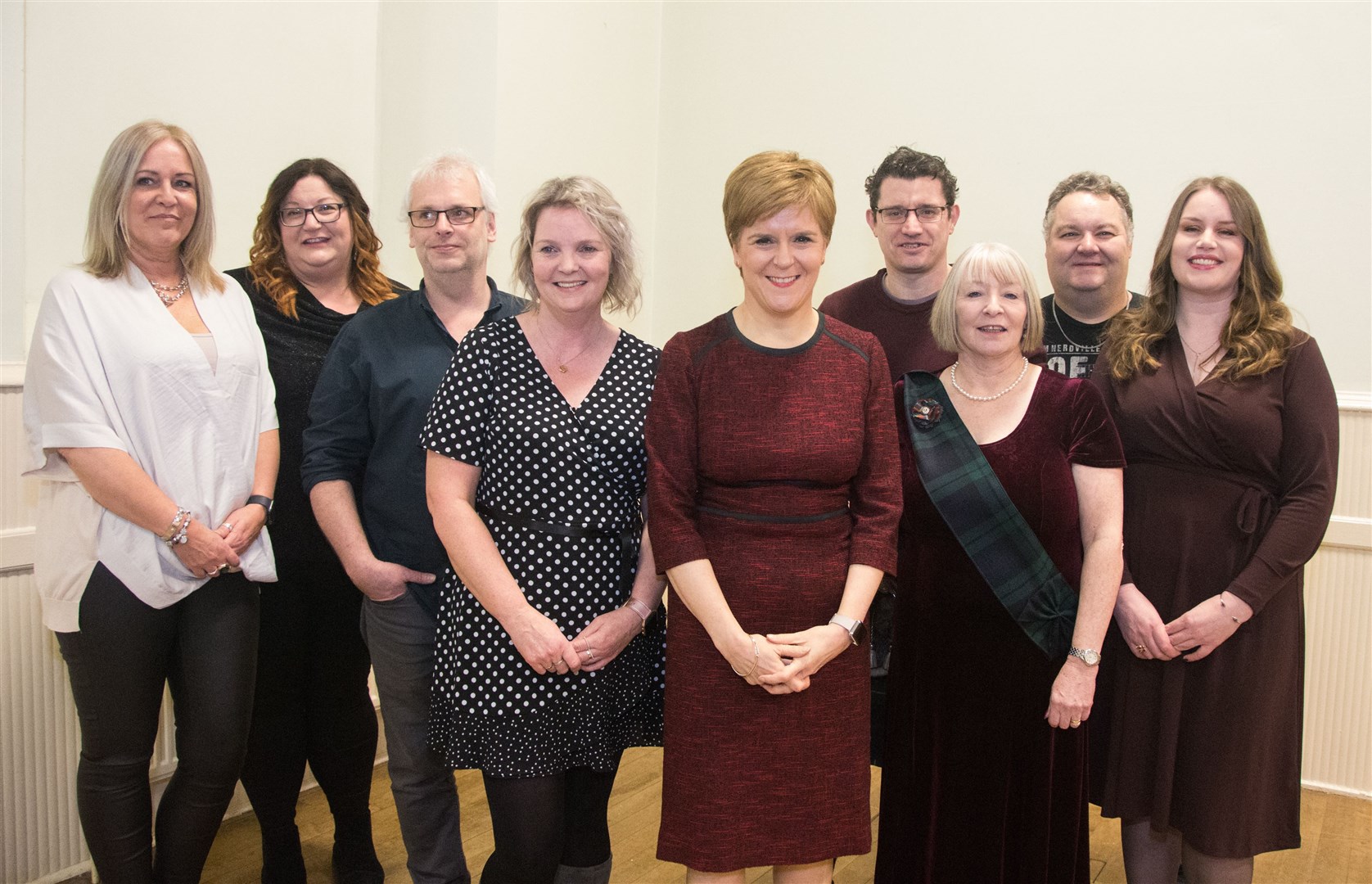 Moray SNP councillors with First Minister Nicola Sturgeon at Moray SNP's Burns Supper, at the Longmore Hall, Keith. From left, Paula Coy, Shona Morrison, David Bremner, Louise Laing, Aaron McLean, Theresa Coull, Graham Leadbitter and Amy Taylor. Picture: Becky Saunderson.