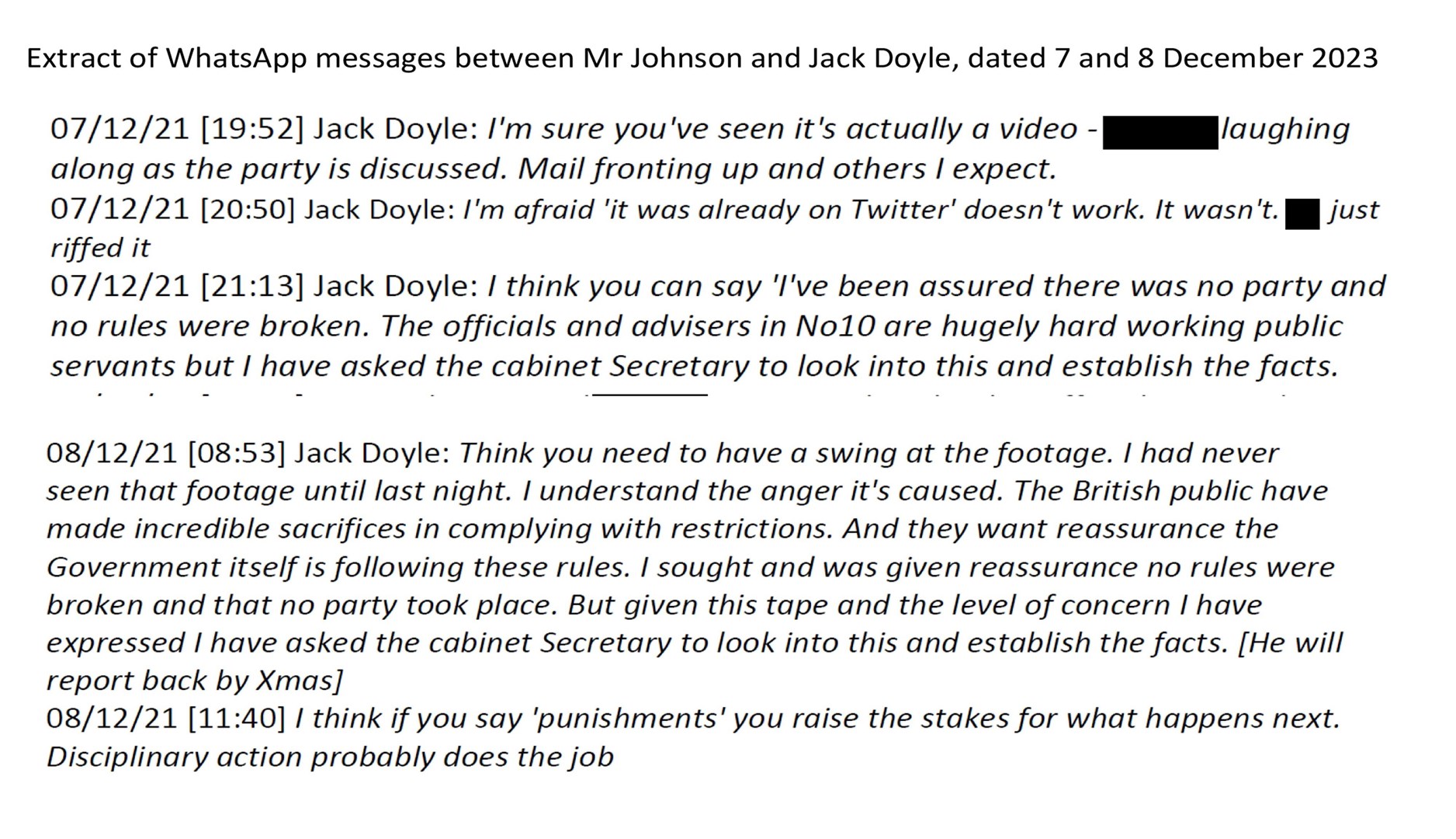 WhatsApp messages between Boris Johnson and Jack Doyle, released as part of the Privileges Committee inquiry (House of Commons/PA)