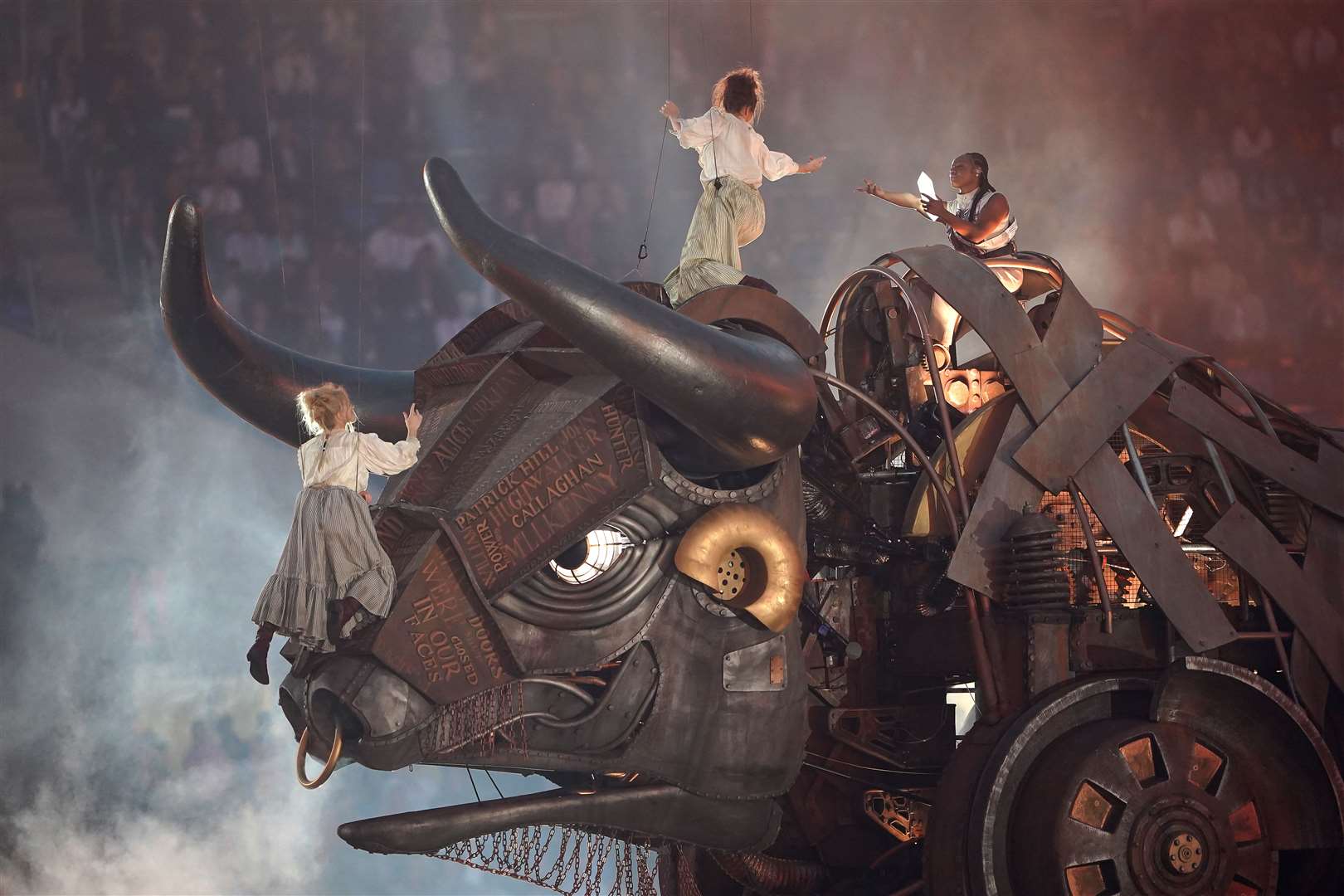The ‘Raging Bull’ mechanical centrepiece at the opening ceremony (Zac Goodwin/PA)